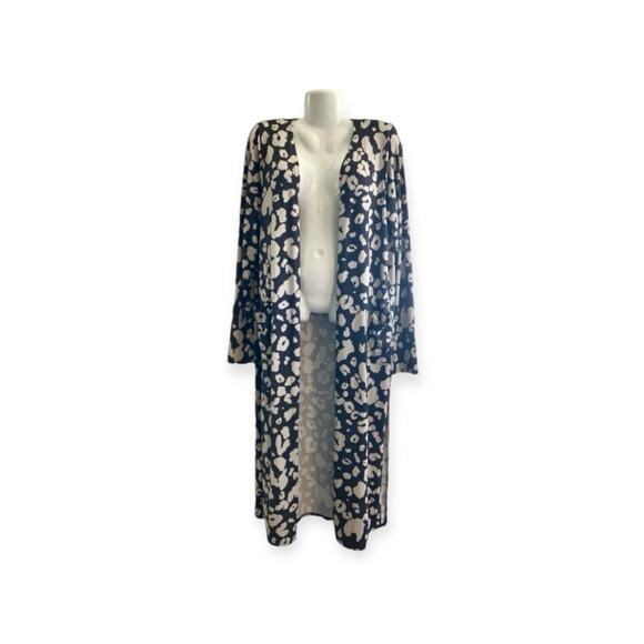 Bling Glamour Women's Charcoal/Cream Print Long Sweater Cardigan Pockets SZ Lg - Picture 1 of 10